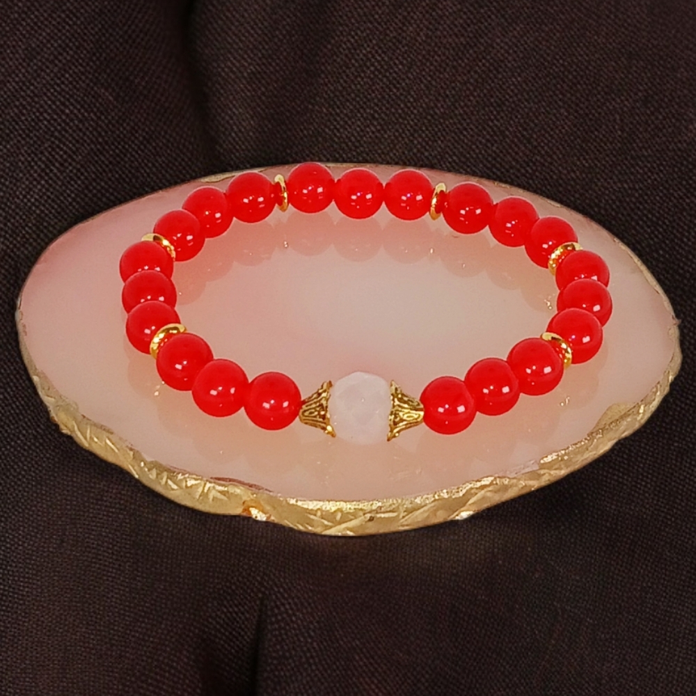 Red Jade & Rose Quartz Crystal Beaded Stretch Bracelet Y2K Mini Mala Lovecore